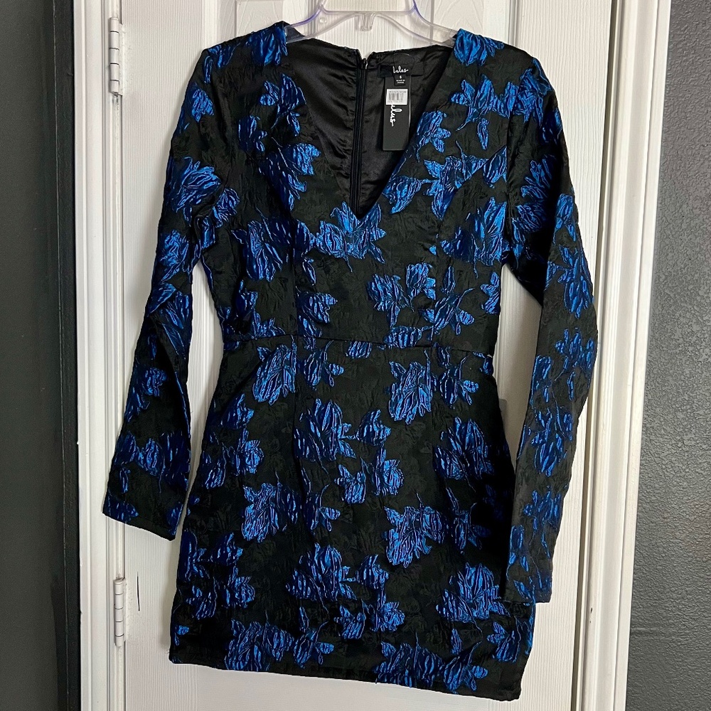 Lulus Elegant Taste Black and Blue Floral Jacquard Mini Dress Sz S
